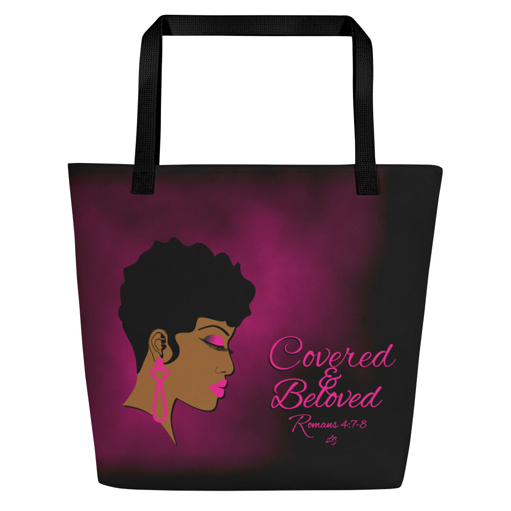 Covered & Beloved Brown Woman Black and pink tote mock up