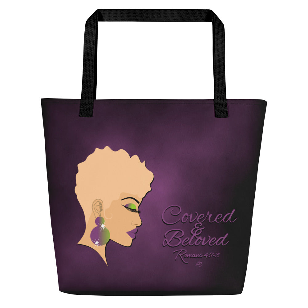 Cov n Beloved Lady PURPLE Background Black and PURPLE tote mock up