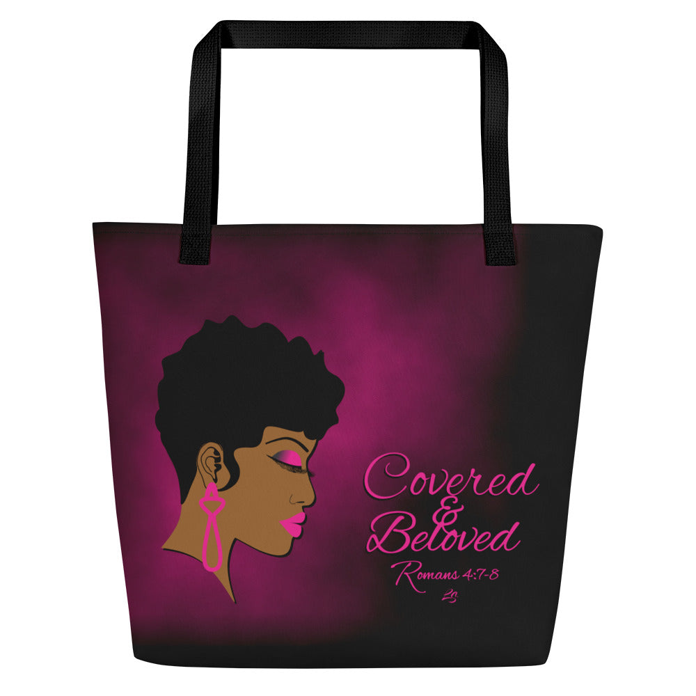 Covered & Beloved Brown Woman Black and pink tote mock up