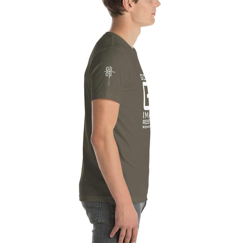 GI 8 29 God's Image Restored square tee cross logo right sleeve army green