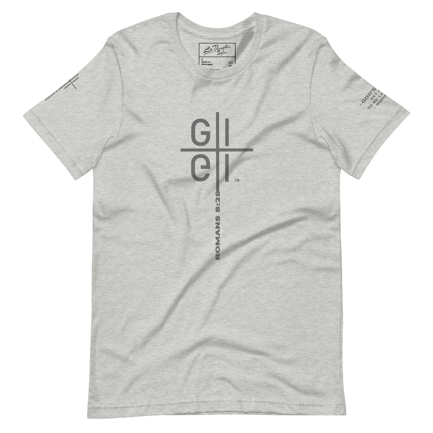 God's Image gray tee with Romans 8:29 verse on left sleeve