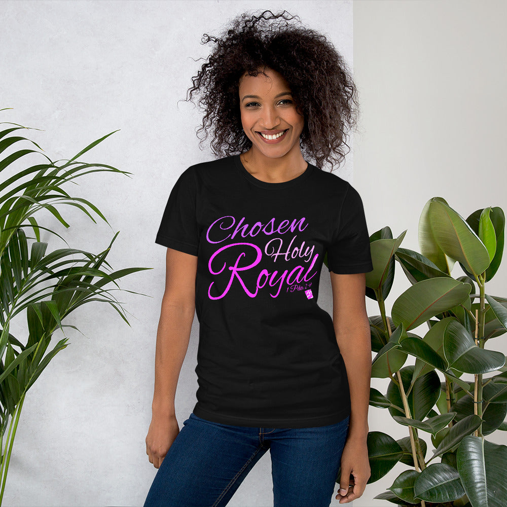 Black Woman wearing Chosen Holy Royal black tee with purple font 1 Peter 2:9