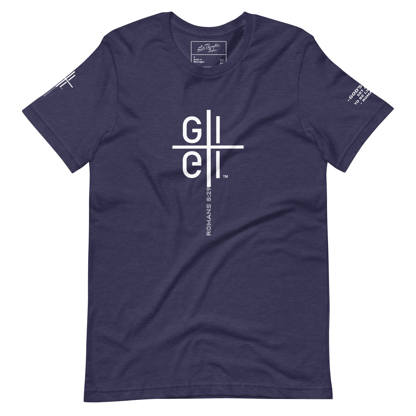 God's Image blue Tee front with cross logo Romans 8:29
