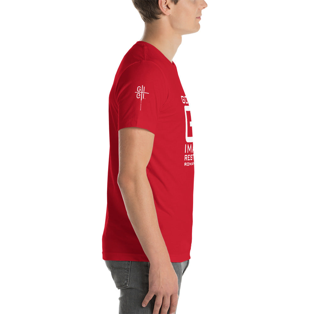 GI 8 29 God's Image Restored square tee cross logo right sleeve red