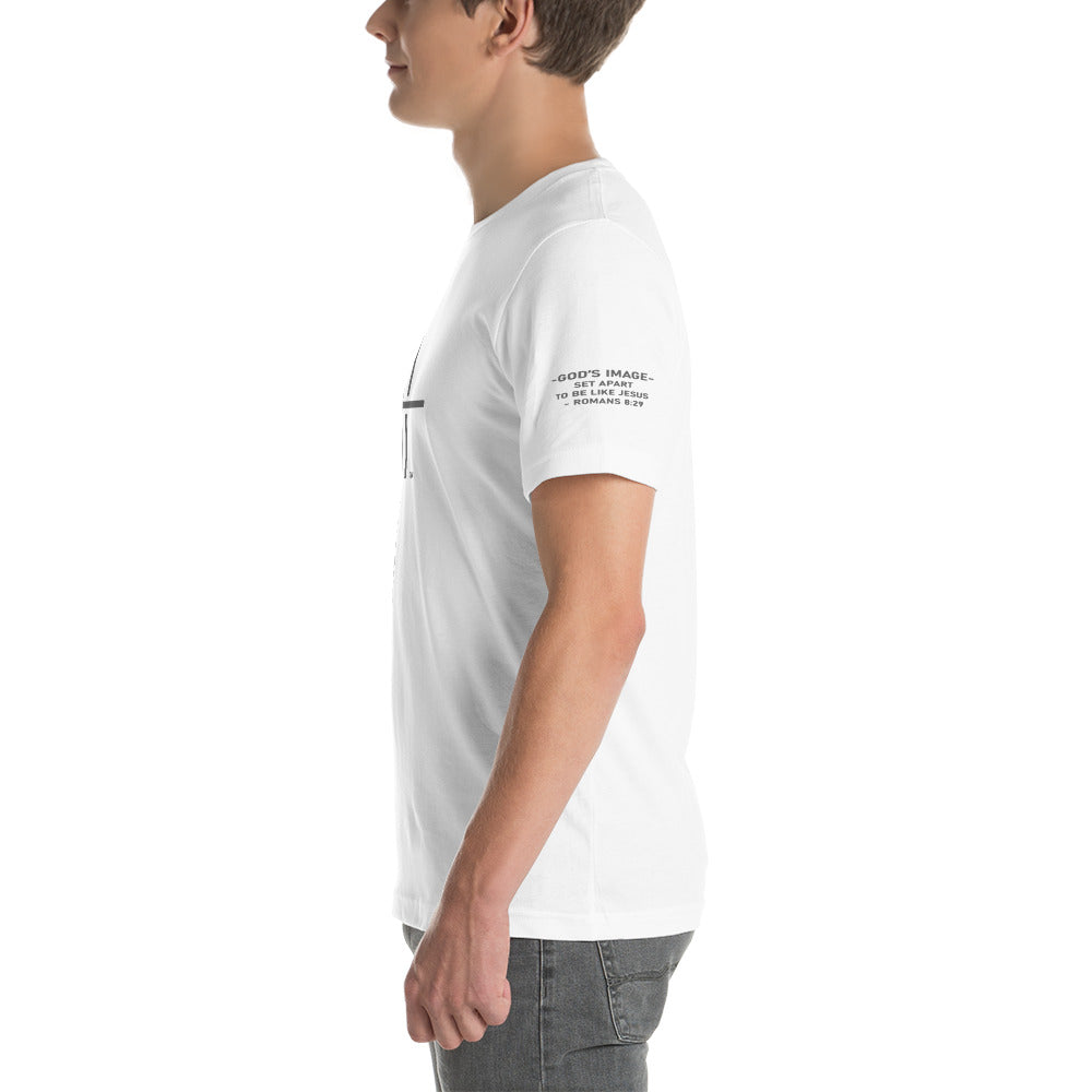 God's Image white tee left sleeve verse gray