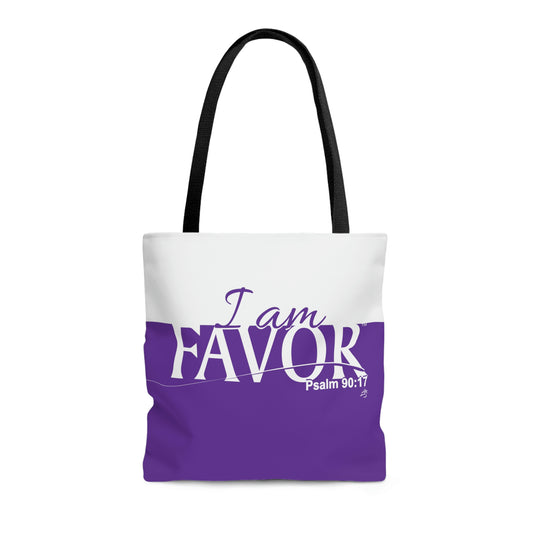 I am FAVOR tote purple and white with black handle