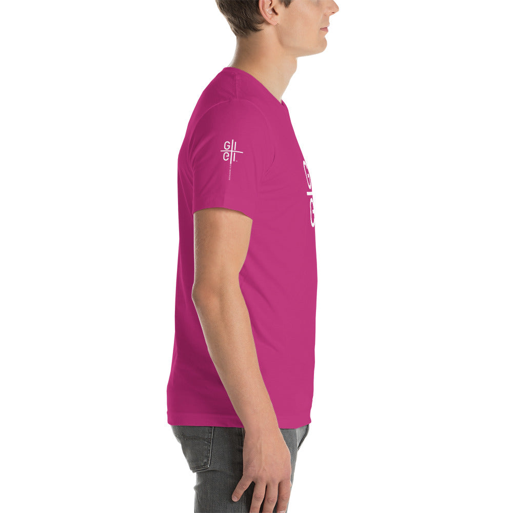 God's Image berry Tee right sleeve with cross logo Romans 8:29 verse