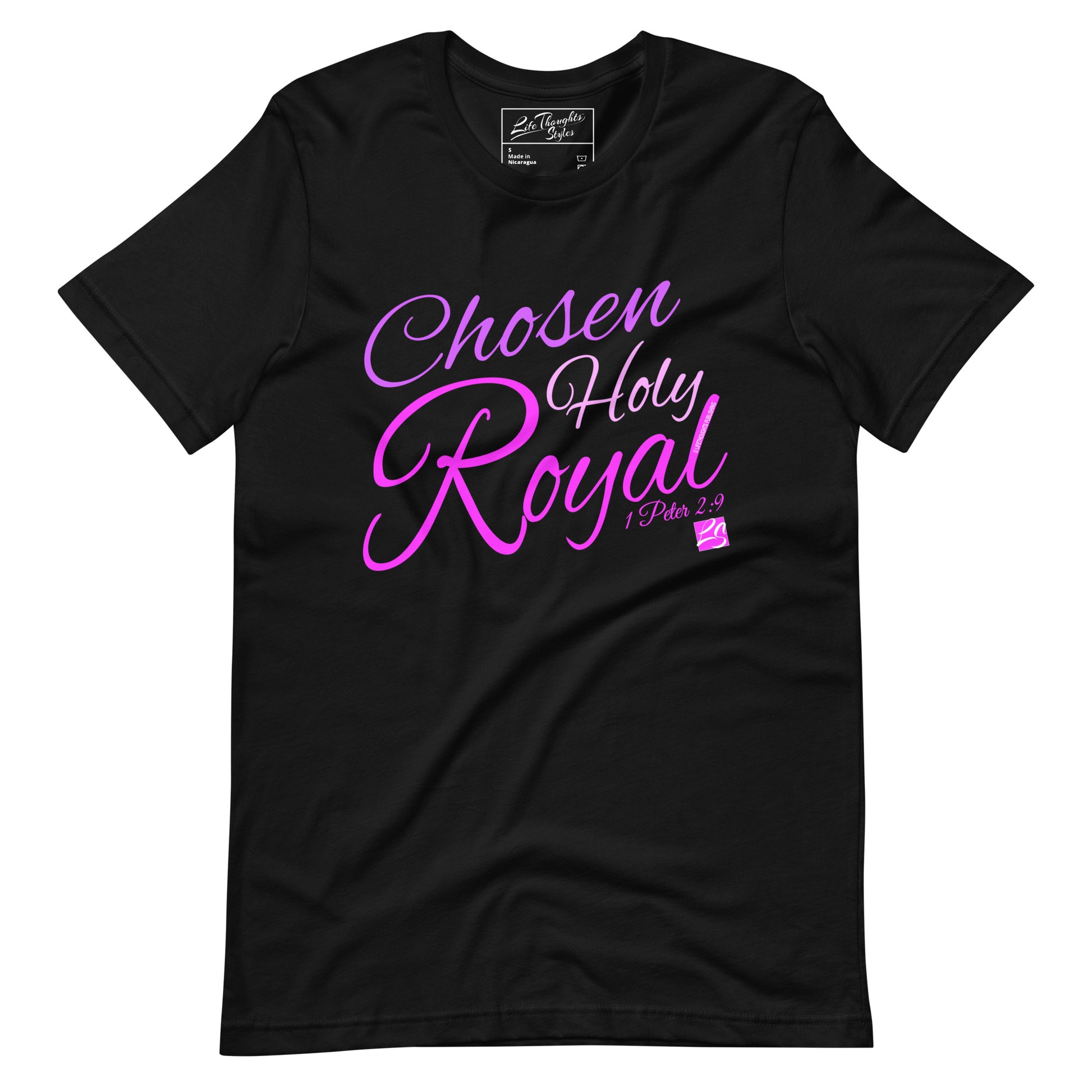 Chosen Holy Royal black tee with purple font 1 Peter 2:9