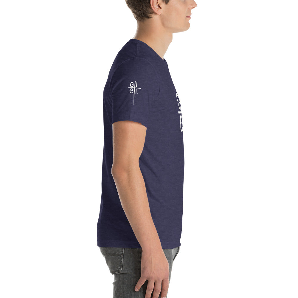 God's Image blue Tee right sleeve with cross logo Romans 8:29