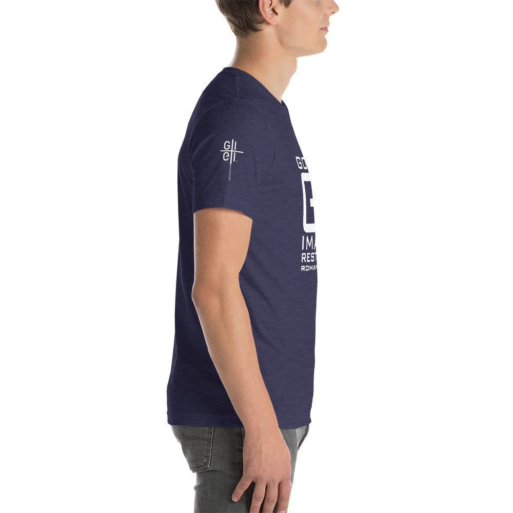 GI 8 29 God's Image Restored square tee right side sleeve logo blue