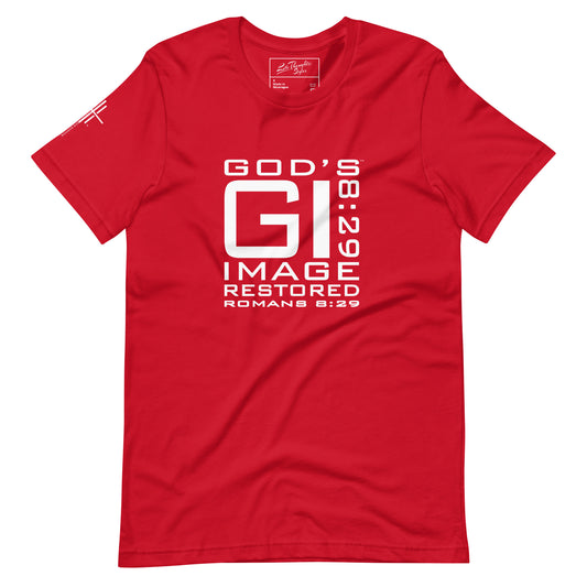 GI 8:29 God's Image Restored square design tee red front