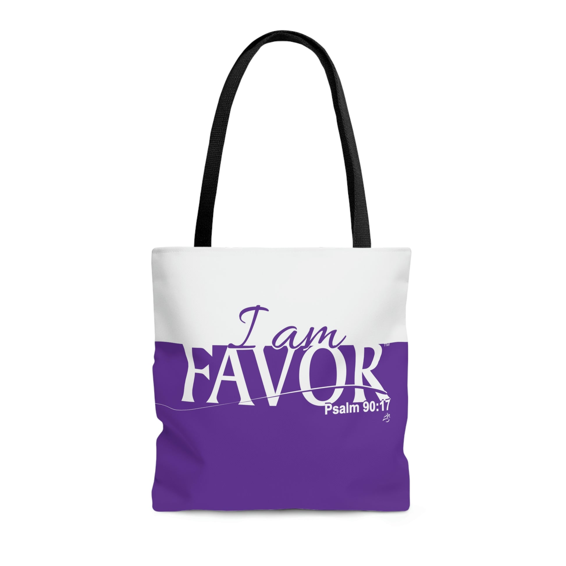 I am FAVOR tote purple and white with black handle